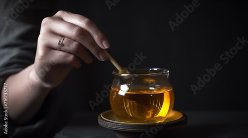 Front view person holding glass with tea and honey dipper 4
