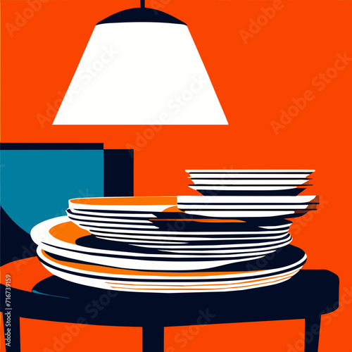 stack of plates on the table in the living room, vector illustration Generative AI