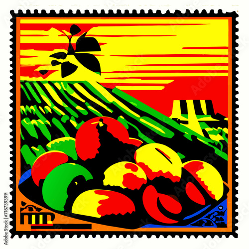 Stamp with image of plowed field and farm. Vector illustration. AI generated