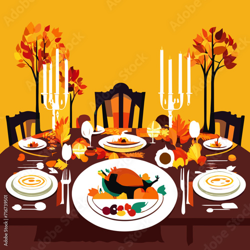 Autumn Thanksgiving dinner table with turkey and pumpkins. Vector illustration generative AI