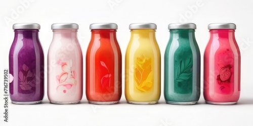 colorful glass cans, bottles isolated on gray background, brand less smoothie shake. mockup.

 photo