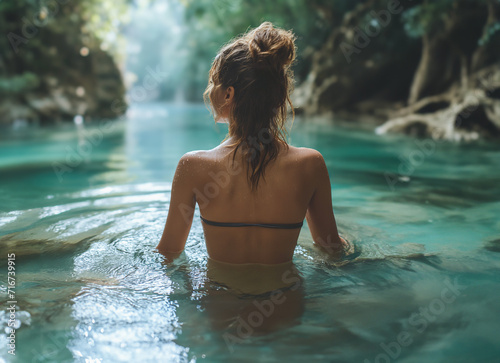 A beautiful, sexy model is playing in the water, standing with her back to the camera in front of her. stream waterfall landscape The images are generated using AI © Chainat