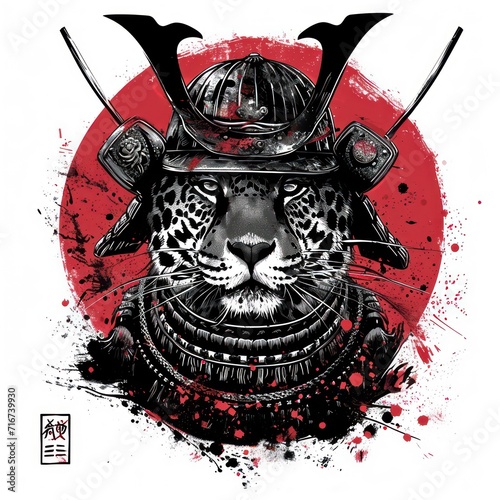 Jaguar using a samurai helmet isolated in a white background
