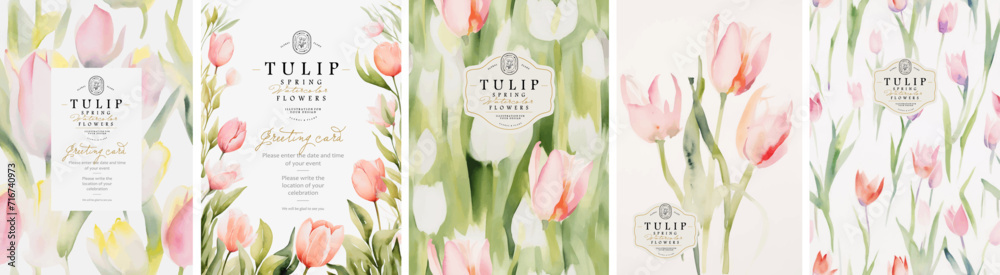 Tulips. Spring flowers. Watercolor delicate simple minimalistic illustration of floral seamless pattern, frame, border, leaves, logo for abstract greeting card, wedding invitation or background - obrazy, fototapety, plakaty 