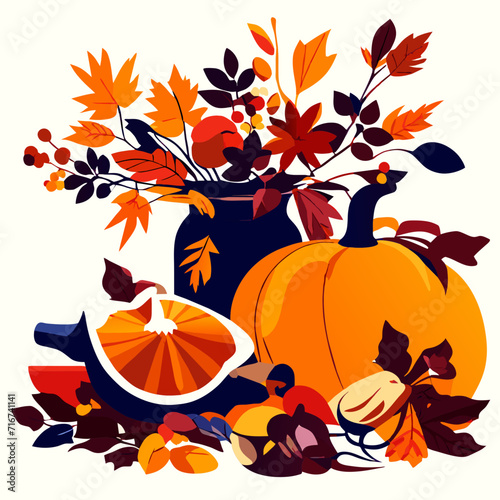 Autumn still life with pumpkins, leaves and berries. Vector illustration. AI generated
