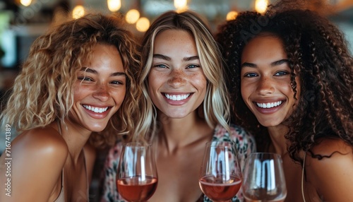 Diverse smiling women friends enjoying wine at an indoor wine tasting, attractive cute face, light makeup, fun smile expression. Party celebration success. Hen party, maidenly, girlish.