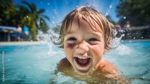Joyful toddler laughing in the swimming pool under the sun