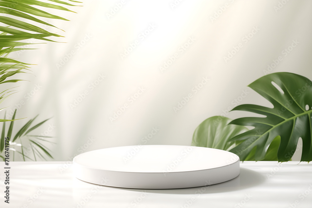 white podium on white background with palm leaves. white podium on white background with palm leaves.