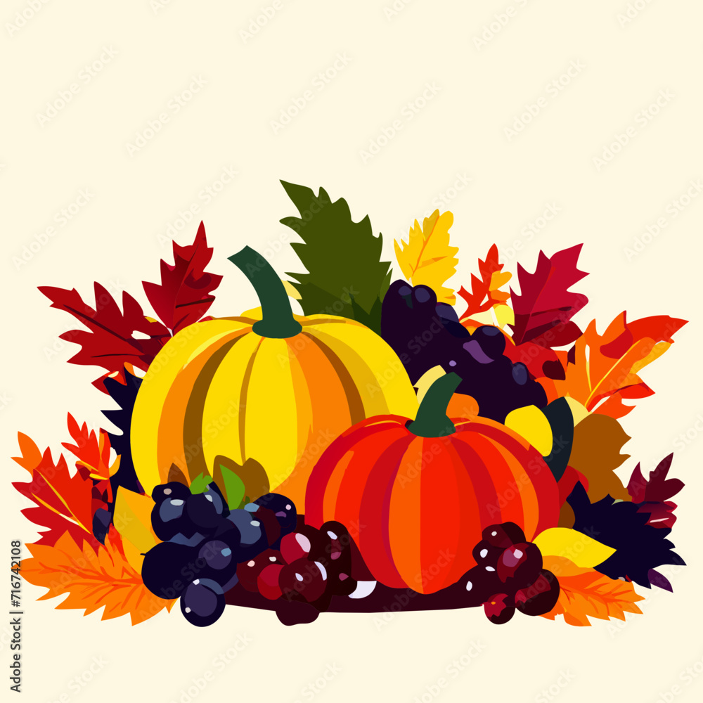 Autumn harvest background with pumpkins, grapes and leaves. Vector illustration. AI generated Autumn harvest background with pumpkins, grapes and leaves. Vector illustration. AI generated