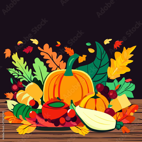 Thanksgiving day background with pumpkins, fruits and vegetables. Vector illustration. Generative AI
