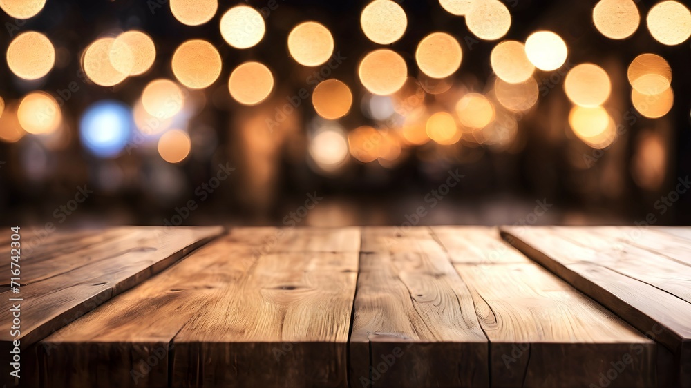 Wooden table for product presentation, with a cozy lanterns on a blurred background