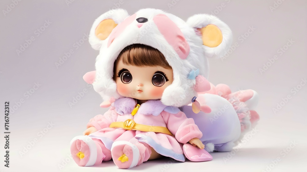 Little adorable girl doll in a cute bear animal costume on white background. Anime doll in a colorful fluffy suit.	