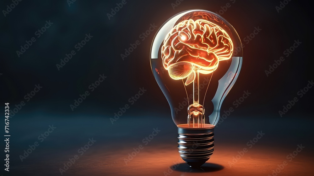 A clean and shiny light bulb with a brain in the form of a glowing wire - obrazy, fototapety, plakaty 