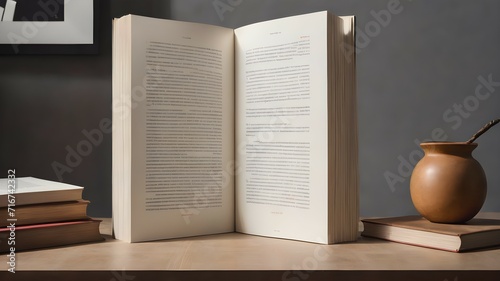 An open book stands on a table with books against a gray wall. Background for the curious or dreamy photo