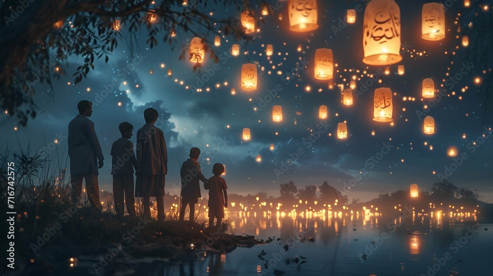 Family gathering under a canopy of lanterns. - obrazy, fototapety, plakaty 