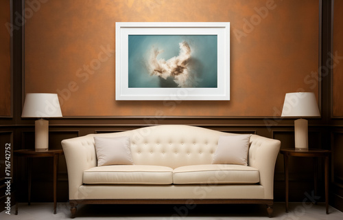 Elegant living room with classic sofa and abstract art on wall