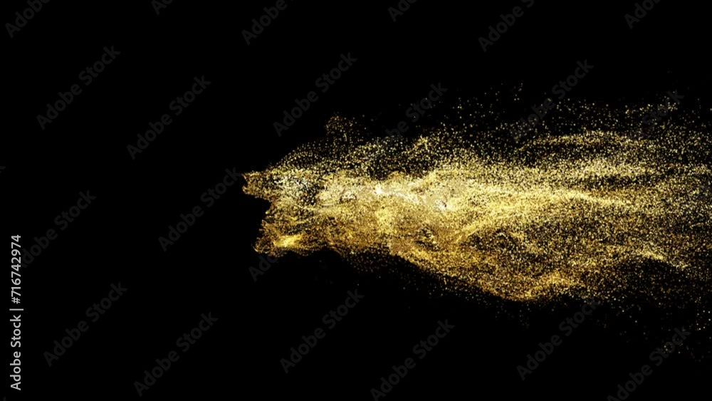 70K realistic 3d gold particle text with dust effect on black background. Fill letters with golden particles. 4k abstract Footage