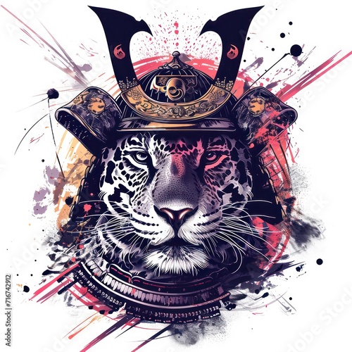 Jaguar using a samurai helmet isolated in a white background