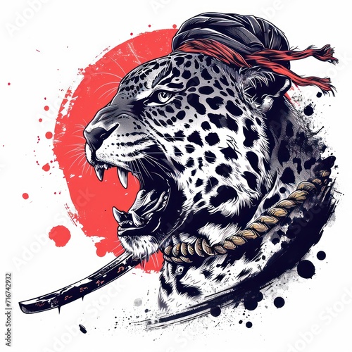 Jaguar using a samurai helmet isolated in a white background