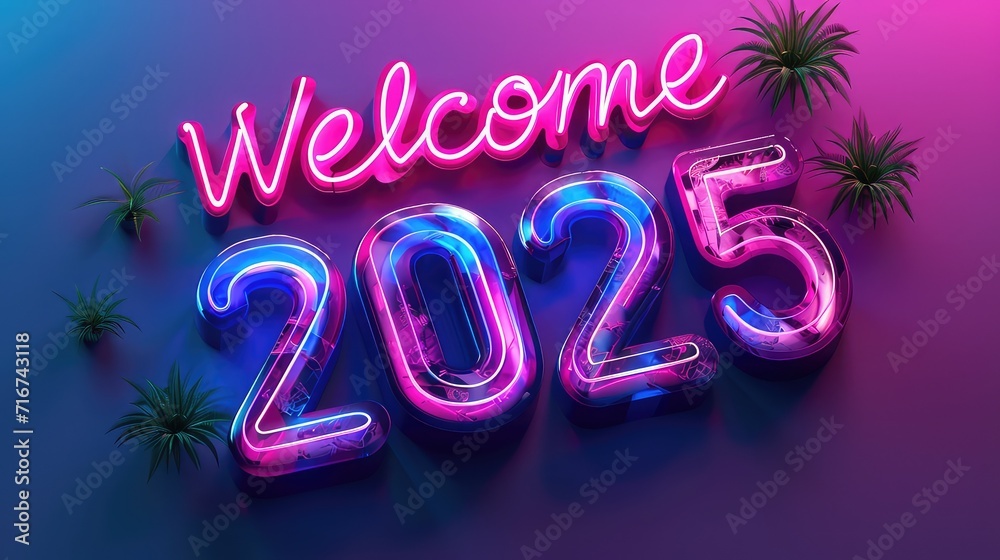 2025 A Vibrant Neon Sign Amidst Tropical Palm Leaves Illuminating the Dark Ambience