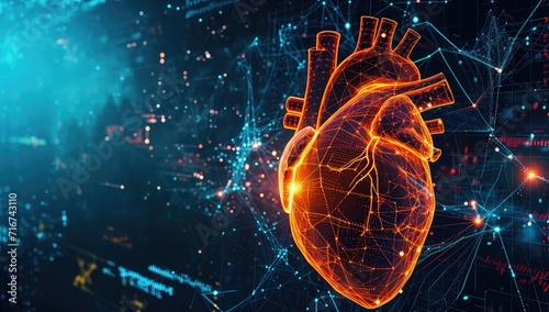 Vibrant Illustration of a Human Heart Surrounded by Dynamic Light Particles, Depicting Cardiovascular Health and Medical Imagery photo