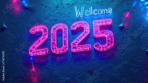 Welcome 2025: A Vibrant Neon Sign Amidst Tropical Palm Leaves Illuminating the Dark Ambience with Radiant Colors