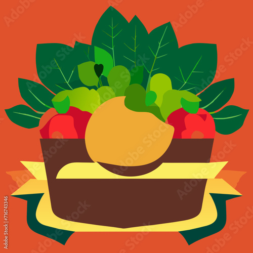 Illustration of a box of fresh vegetables and fruits on an orange background generative AI