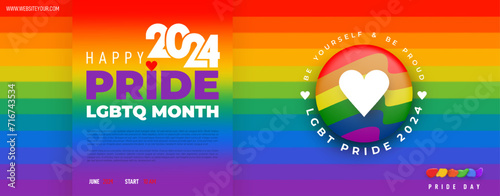 Happy Pride month poster 2024. LGBT, Gay rights. Pride month landing web, banner page template for LGBT rights or social issues event. LGBT Symbols with vector pride flag or Rainbow colored.