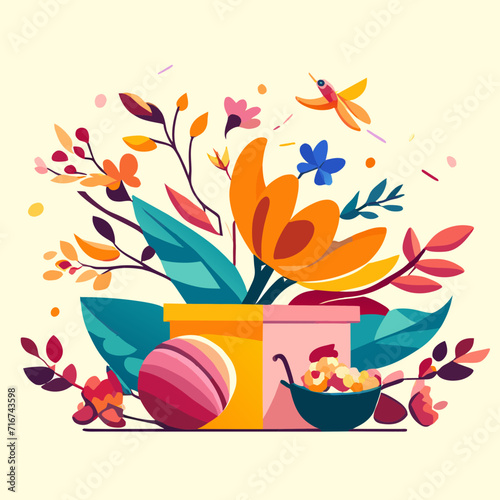 Easter eggs with flowers and leaves. Vector illustration in flat style Generative AI