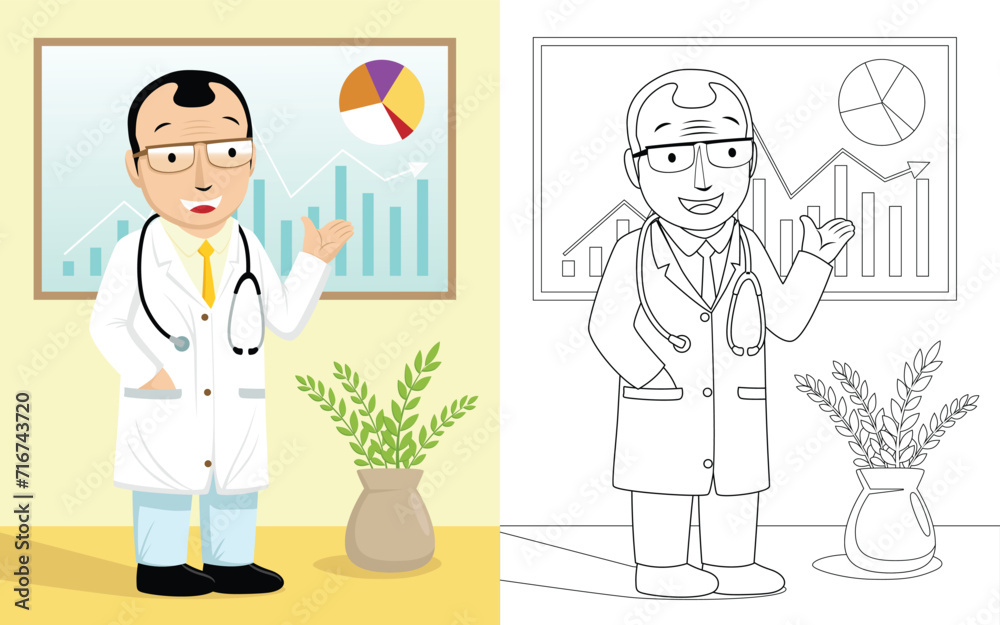 cartoon of doctor giving presentation in a room, coloring page or book cartoon of doctor giving presentation in a room, coloring page or book