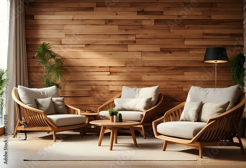living room with a set of armchairs and a wooden coffee table on a wooden wall background photo