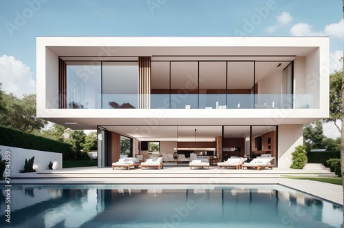 luxury modern house with swimming pool and sun loungers © savior