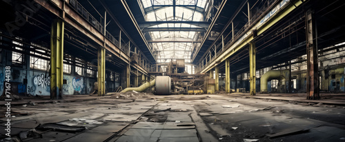 Abandoned industrial factory hall with graffiti and debris