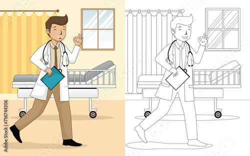 A young doctor in hospital room, vector illustration, coloring book or page
