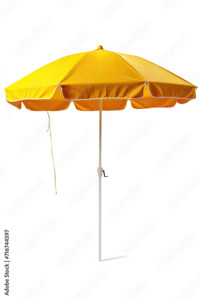 A stylish solid yellow beach umbrella on a white background