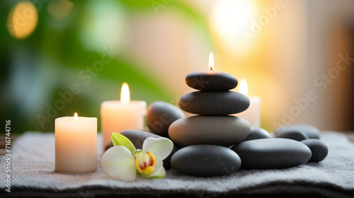 Beauty Spa Concept Massage Stones With Towels And Candles In Natural Background 9