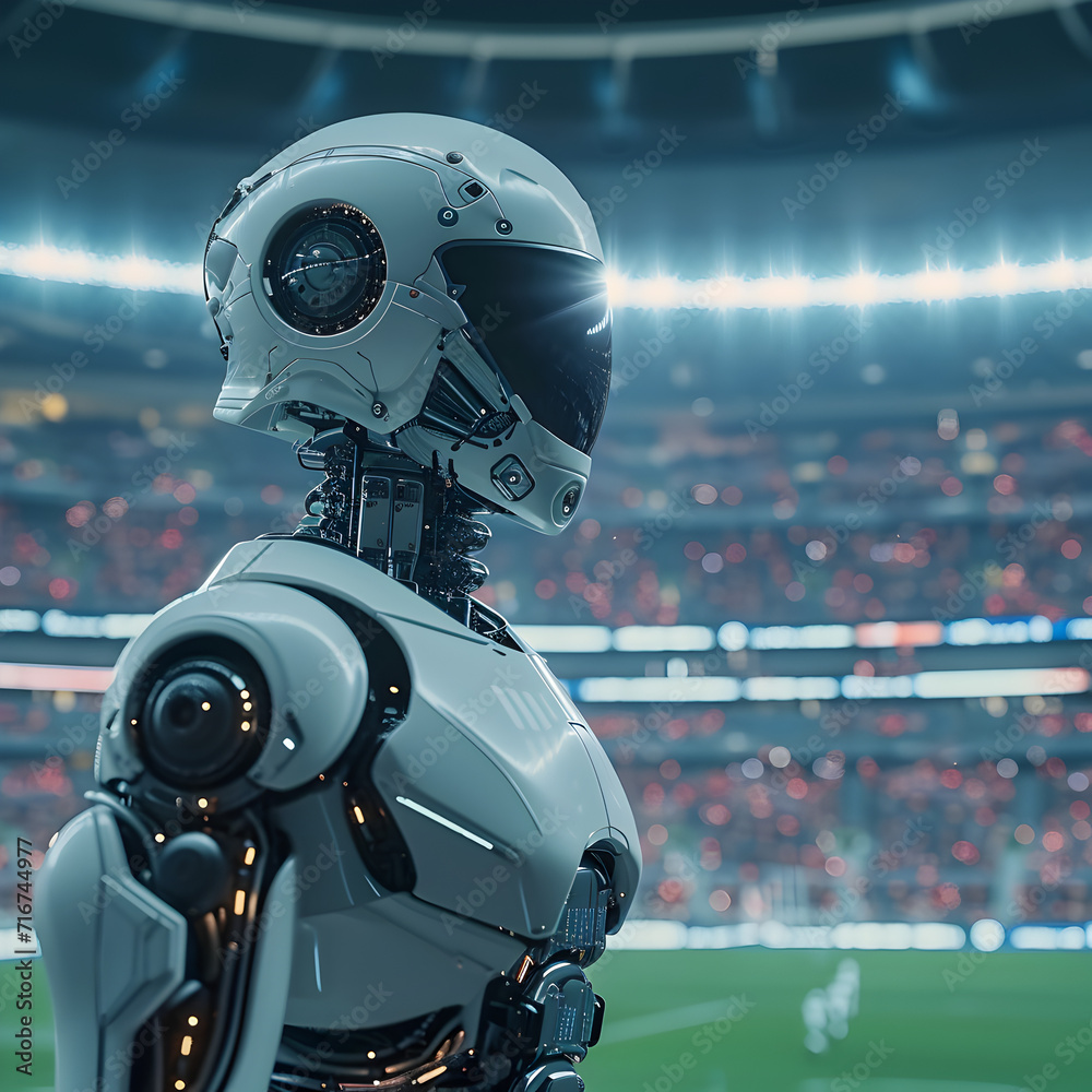 a visual concept where robotics and AI systems contribute to the smooth operation of a futuristic football stadium, enhancing efficiency and security
