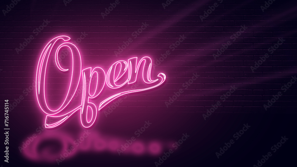 open - text neon sign light effect. Horizontal design pink glow and empty space for copy