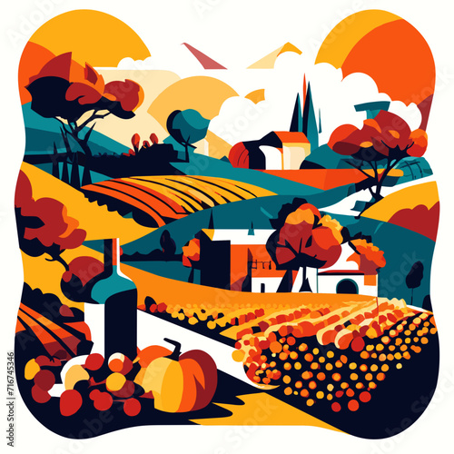 Autumn landscape with vineyards, hills and houses. Vector illustration AI generated