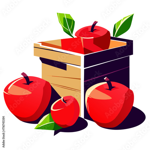 Red apples and a wooden box on a white background. Vector illustration Generative AI