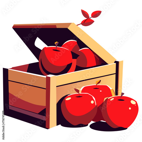 Red apples in a wooden box on a white background. Vector illustration AI Generated