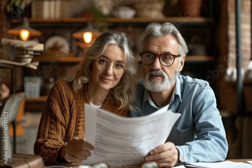 A contented middle-aged couple holding a good news book. Generative Ai.