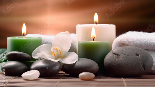 Beauty Spa Concept Massage Stones With Towels And Candles In Natural Background 2