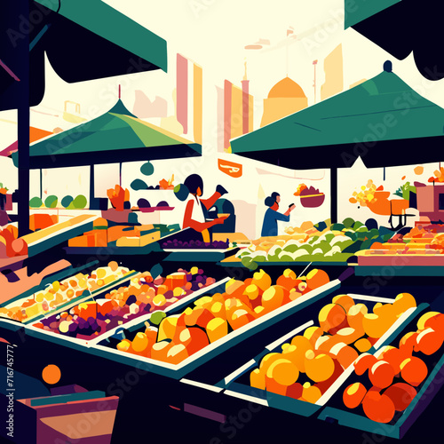 Fruits and vegetables on the counter in the market. Vector illustration generative AI