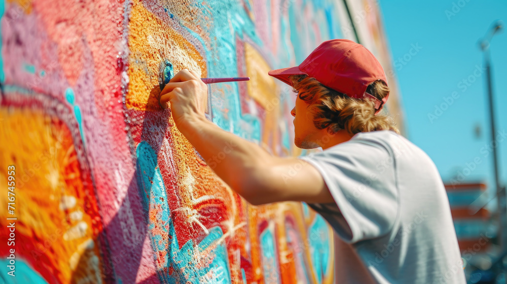 A young man is painting graffiti on the wall. Colorful graffiti on the wall.