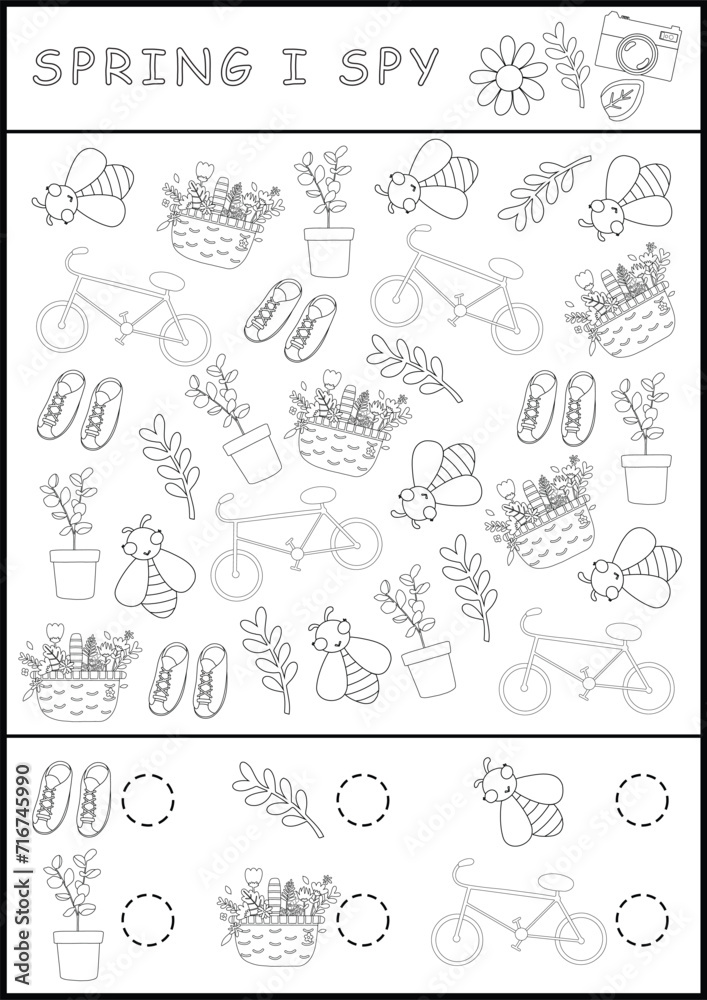 Spring printable worksheet in black and white. I spy game page for children. Searching and counting activity with drawing symbols. Spring simple spotting coloring page