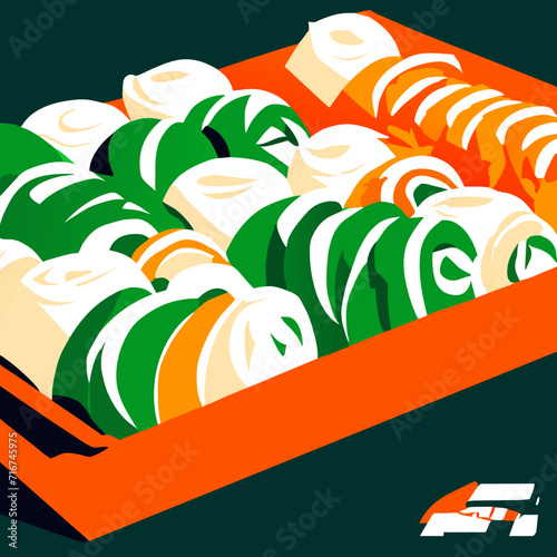 Illustration of sushi in a box on a dark green background. AI generated