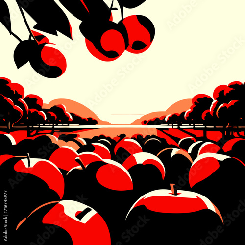 Harvesting of red apples in the orchard, vector illustration generative AI