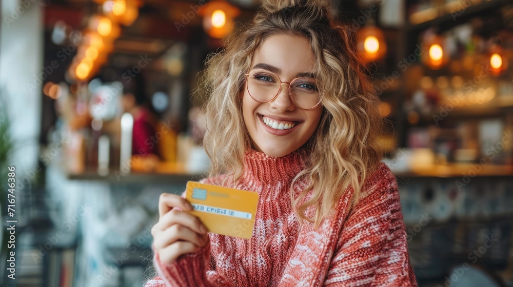 Woman winking while clutching credit card. Generative Ai. - obrazy, fototapety, plakaty 