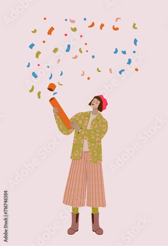 A character with a confetti cannon. A woman wearing a pink hat and vintage-style clothing throws confetti into the air with a confetti cannon. (ID: 716746384)
